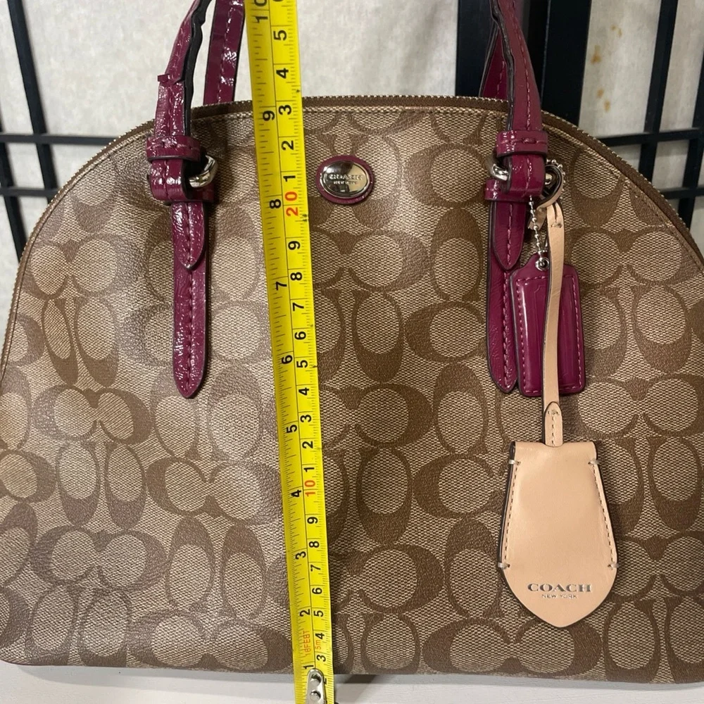 Coach Peyton Signature Cora Domed Satchel Bag Brown Coated Canvas Purple Leather - Picture 7 of 13